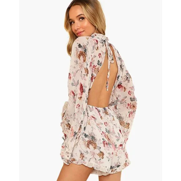 White Floral Print Chiffon Ruffle Long Flare Bell Sleeve Romper Playsuit Dress - Picture 3 of 8